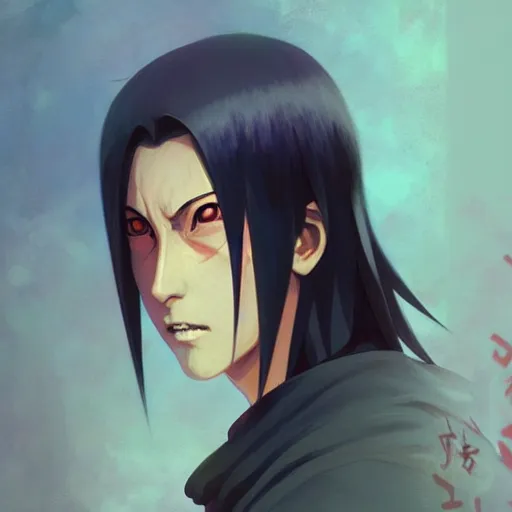 Image similar to itachi from naruto, highly detailed, digital painting, artstation, concept art, sharp focus, illustration, art by greg rutkowski and alphonse mucha