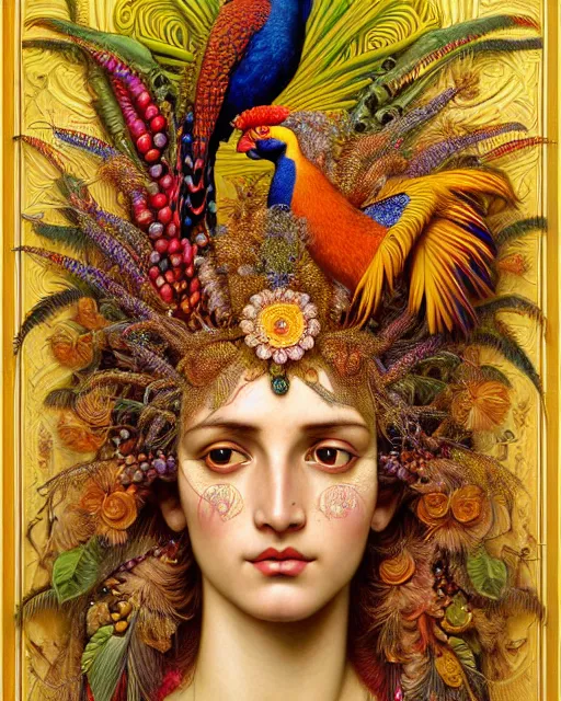 Image similar to hyperrealistic detailed face portrait of the beautiful goddess of the golden pheasants with an intricate headgear of golden pheasant, red berries, leaves, field flowers, pears, apples, art by ernst haeckel, john william godward, android jones, alphonso mucha, h. r. giger, gothic - cyberpunk, ornamental, beautiful deep colours,