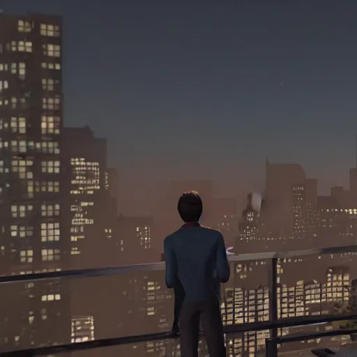 Prompt: a photo of max caulfield watching New York at night on the top of a building, cinematic