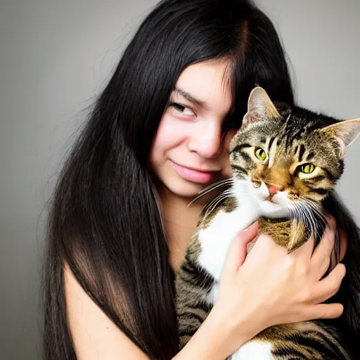 Prompt: a girl with long dark hair, big and shiny black eyes and her tabby cat, a stock photo by juan villafuerte and minerva j. chapman, pexels contest winner, high quality photo, rtx, hd, tumblr contest winner, anime, pretty, sensual