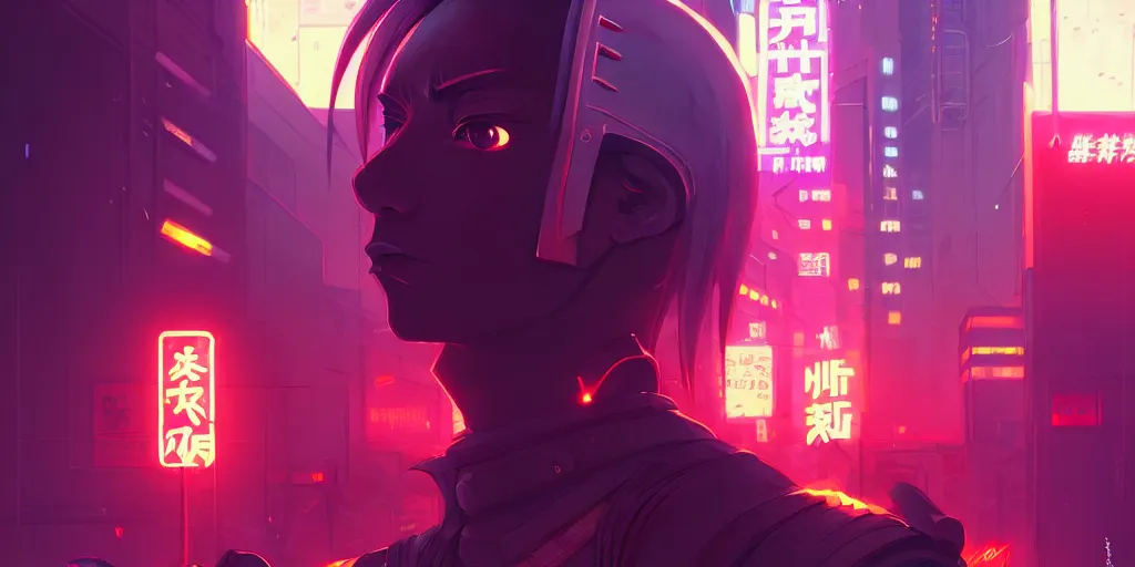 Image similar to digital illustration closeup portrait of cyberpunk samurai in city street at night by makoto shinkai, ilya kuvshinov, lois van baarle, rossdraws, basquiat | afrofuturism, in the style of hearthstone, trending on artstation | cool color scheme