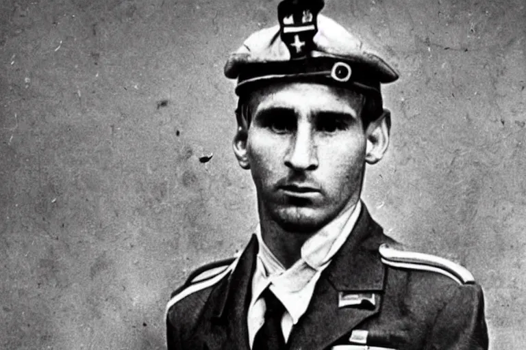 Prompt: Lionel Messi in world war 2, vintage photograph