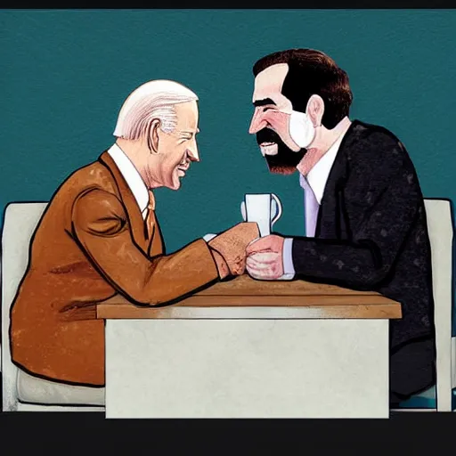 Prompt: joe biden sitting with saddam hussein they are both drinking tea photorealistic professional photograph