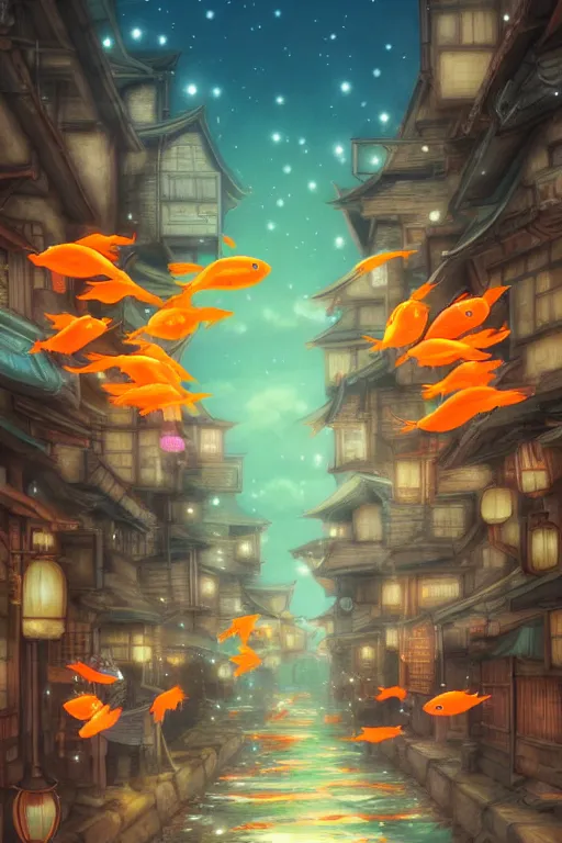 Image similar to fantasy art of glowing goldfish swimming in the air, in the streets of a japanese town at night, with children watching from windows in wonder, in the style of studio ghibli and makoto shinkai, highly detailed digital art, trending on artstation