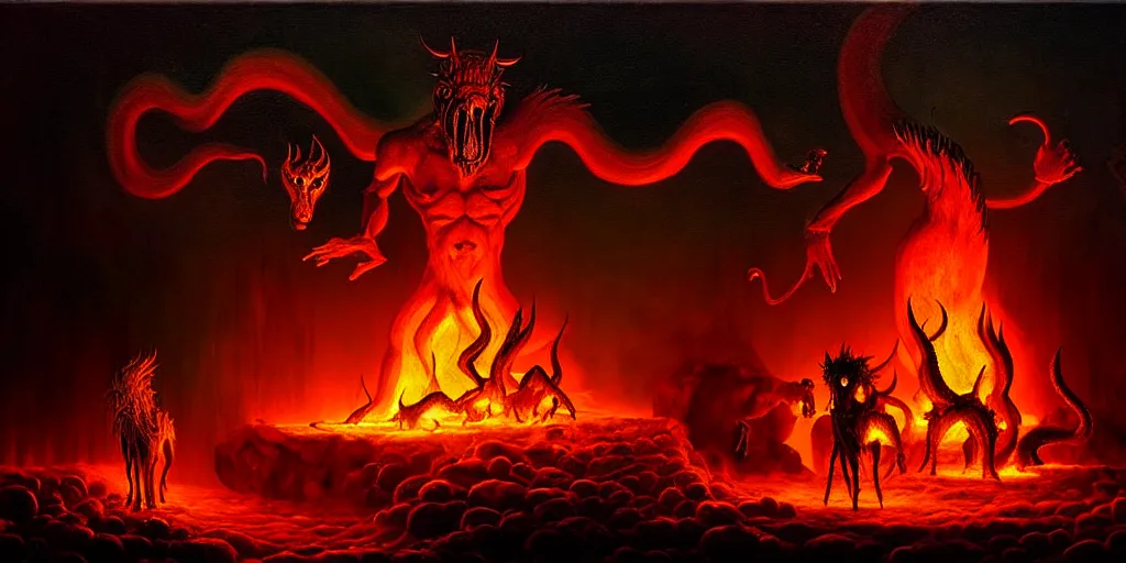 Image similar to mythical creatures and monsters at the mouth of hell, dramatic lighting glow from giant fire, in a dark surreal painting by ronny khalil