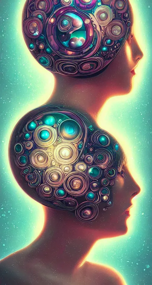 Image similar to art deco close up portait of mushroom head surrounded by spheres, like a dream digital painting cinematic dramatic fluid lines otherworldly vaporwave interesting details rule of thirds epic composition by artgerm