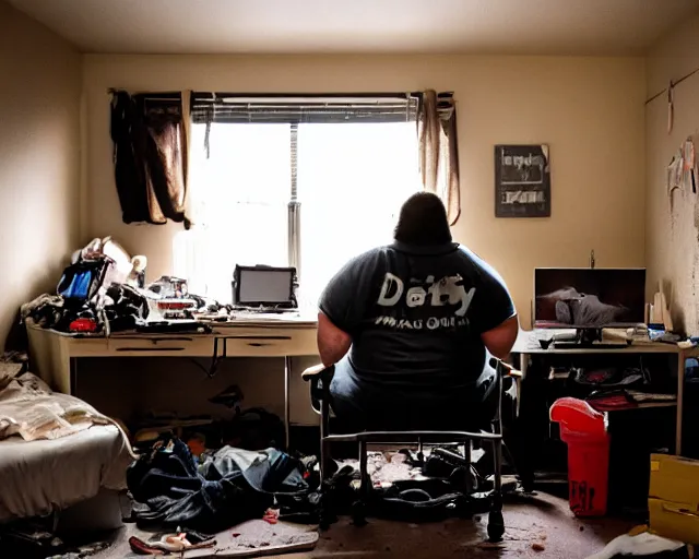 Prompt: dirty room, depression scene, very fat man in a gamer chair.