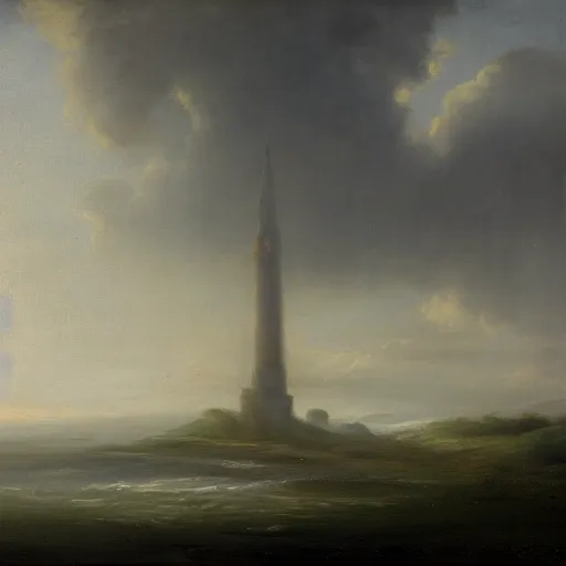 Image similar to an impossibly large tower rising from a sea of mist,evocative,romanticism landscape painting