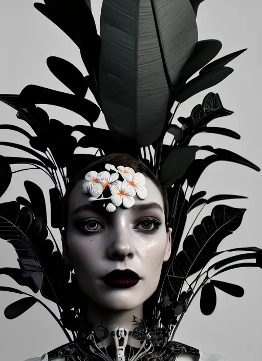 Image similar to monochrome 3 d model, biomechanical beautiful young female cyborg with porcelain profile face and a big floral eye, volumetric light, big leaves foliage and stems, hibiscus flowers, boho floral vines, sinuous fine roots, fine foliage lace, alexander mcqueen, rim light, gothic fashion pearl embroidered collar, steampunk, octane render, 8 k