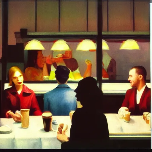 Image similar to a polaroid photo of people at a diner, Edward Hopper composition, detailed, hq, lens flare, realistic