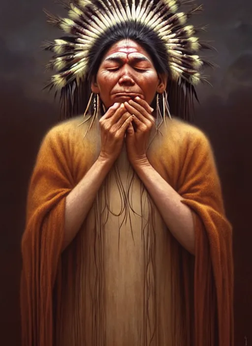 Prompt: a beautiful portrait of an indigenous female shaman with eyes closed feeling her heart, designed by dr seuss and michal karcz, by christophe vacher