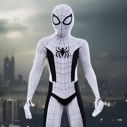 Image similar to white spider - man suit with black web lining, cinematic, volumetric lighting, realistic, hyperdetailed, photorealistic, photograph