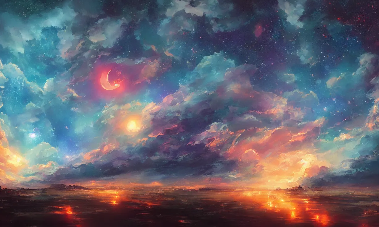 a beautiful painting of fire sea, starry sky, moon ， | Stable Diffusion ...