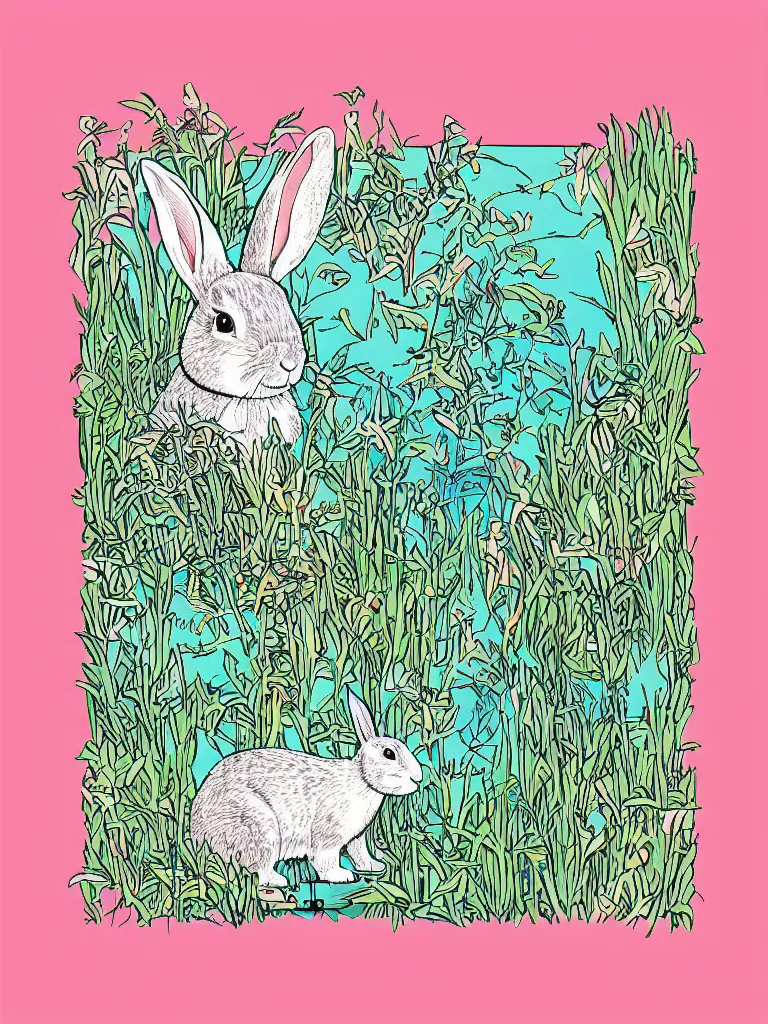 Image similar to screen print of a rabbit in nature, with laptop