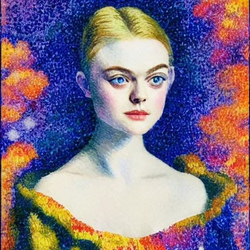 Image similar to professional painting of Elle Fanning in the style of Henri-Edmond Cross, head and shoulders portrait, symmetrical facial features, smooth, sharp focus, illustration, intricate, stormy weather, extremely detailed masterpiece,