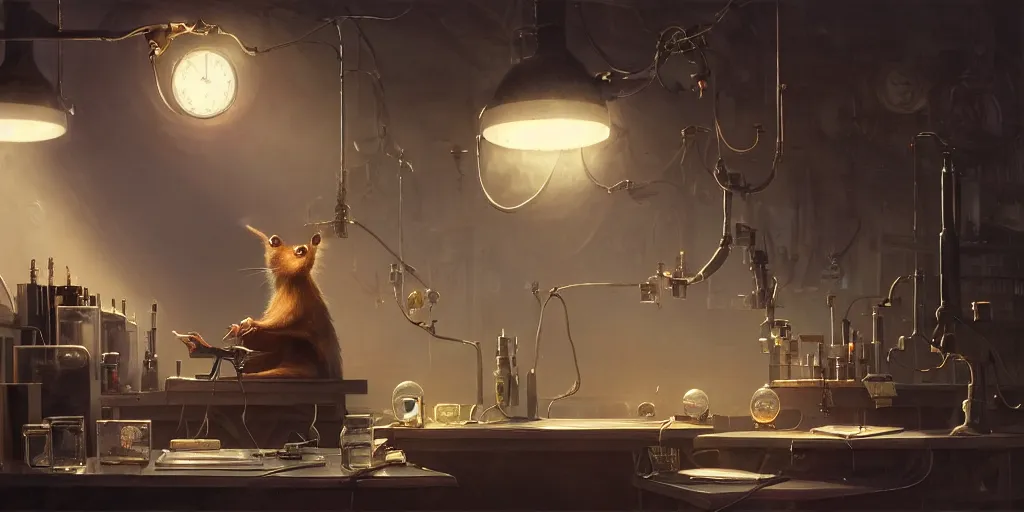 Image similar to humanoid rat in a laboratory sitting at a desk with lots of flasks filled with magic liquids and poisonous fog, stephen bliss, unreal engine, fantasy art by greg rutkowski, loish, rhads, ferdinand knab, ilya kuvshinov, rossdraws, tom bagshaw, global illumination, radiant soft light, detailed and intricate environment