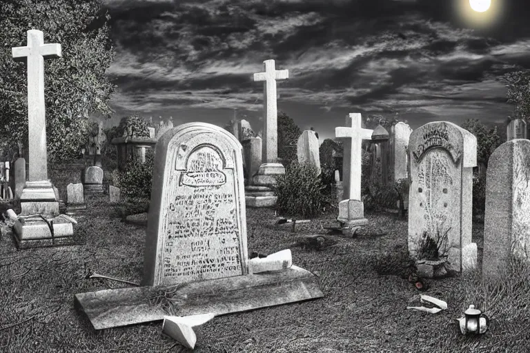 Prompt: dead man breaks tombstone in a cemetery, corpses come to life, dark night, full moon, highly detailed digital art, photorealistic