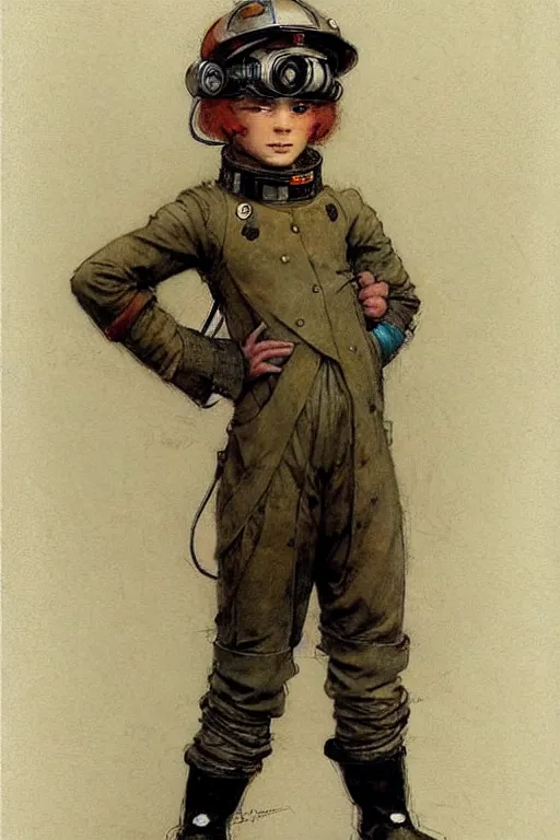 Image similar to ( ( ( ( ( 2 0 5 0 s retro future 1 0 year old boy super scientest in space pirate mechanics costume full portrait. muted colors. ) ) ) ) ) by jean baptiste monge, robert mcginnis!!!!!!!!!!!!!!!!!!!!!!!!!!!