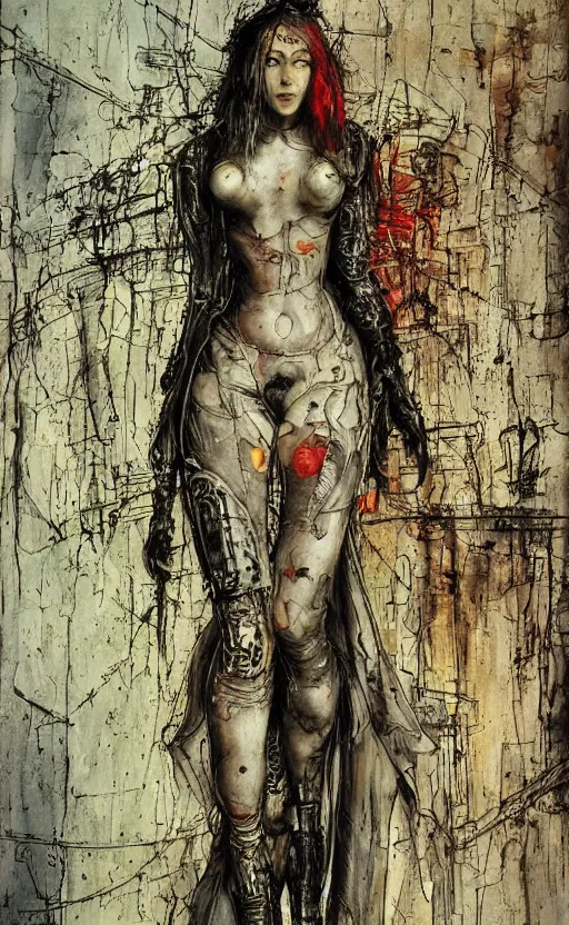 Image similar to woman wearing gown made of mech mask rendered in unreal engine, cyberpunk, rave, scifi, painted by albrecht durer | bernard buffet | carne griffiths | wlop