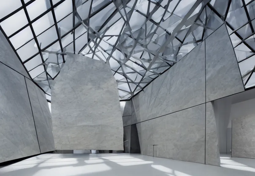 Prompt: a room in a museum for ai art sculptures invisible modern slate stone photo skylight architecture