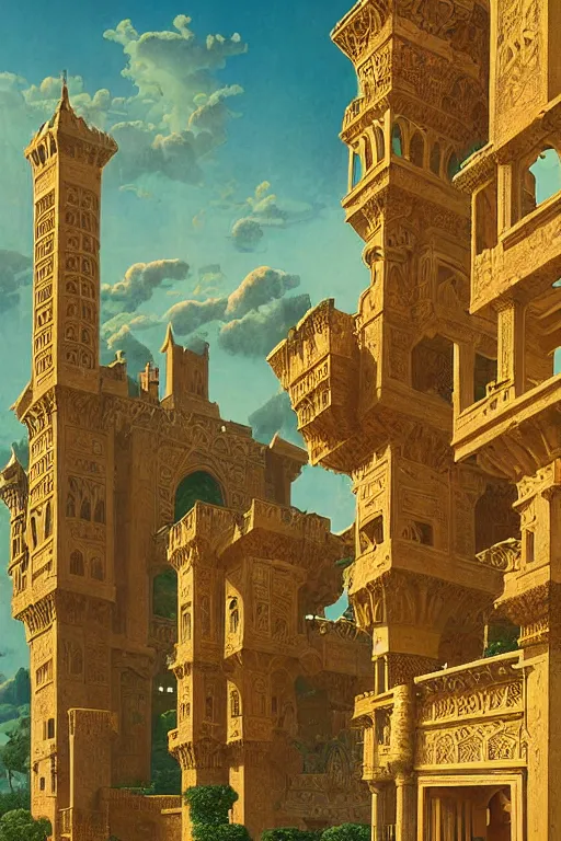 Image similar to ancient carved tower of the moon in its gardens fairytale illustration, elaborate latticed balconies, tall windows, moorish architecture, formal gardens, dramatic cinematic lighting, soft colors, golden age illustrator, unreal engine, by Ludwig Deutsch and William Dyce and Andreas Rocha and (Maxfield Parrish and Nicholas Roerich)