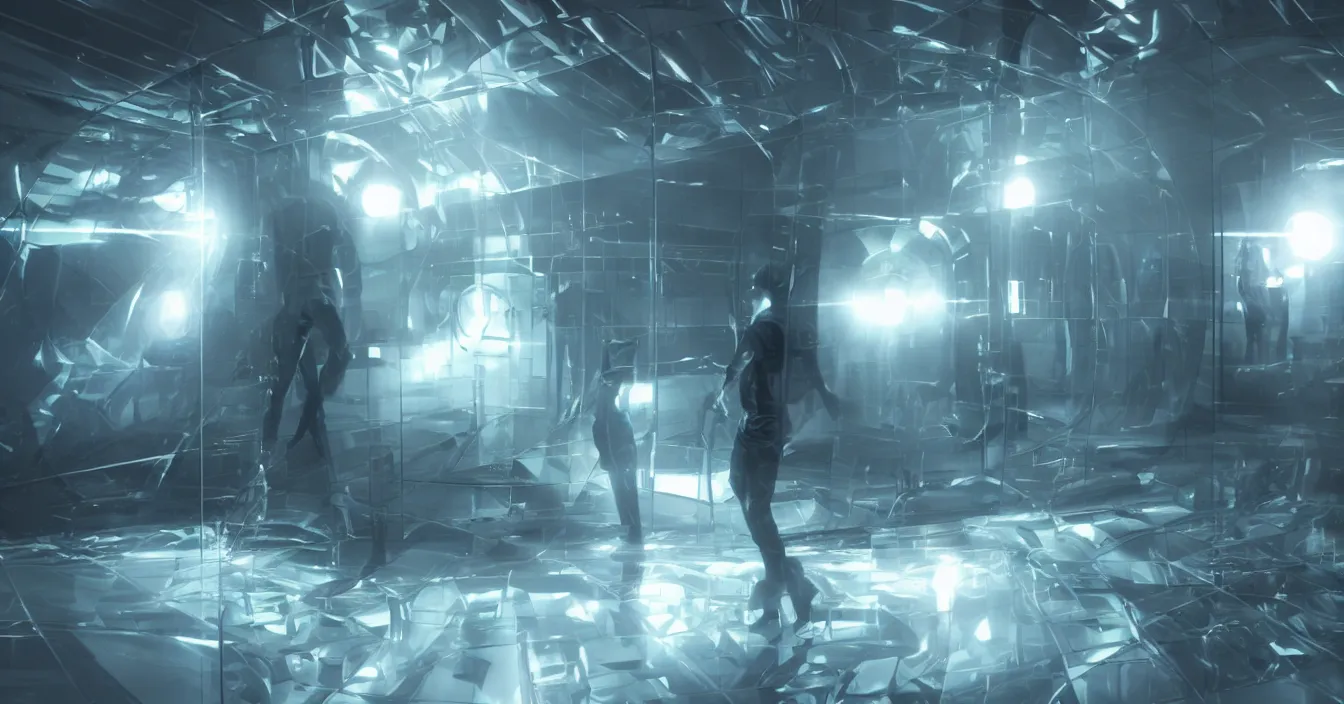 Prompt: realistic image from scifi movie of scientist being sucked into shiny refractive tesseract box, in futuristic laboratory room, difractions of light, full of reflections, volumetric light, dark atmosphere, dramatic cinematic composition, desperate pose, deep depth, defocus, rendered in vray, raytracing, raymarching, by ilm, digital domain, weta digital