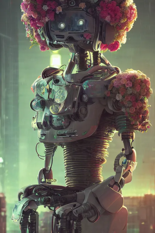 Prompt: a painting of a robot with flowers in his face, cyberpunk art by Mike Winkelmann, cgsociety, panfuturism, made of flowers, cryengine, prerendered graphics