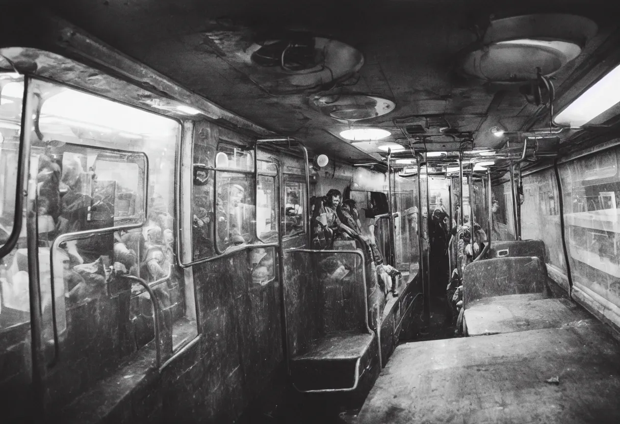 Prompt: a photo of a busy subway wagon, there is a huge monster octopus on the interior, tentcles creeping in thrugh the windows and gaps, people are scared and screaming while trying to flee through the windows, 1 6 mm lens,