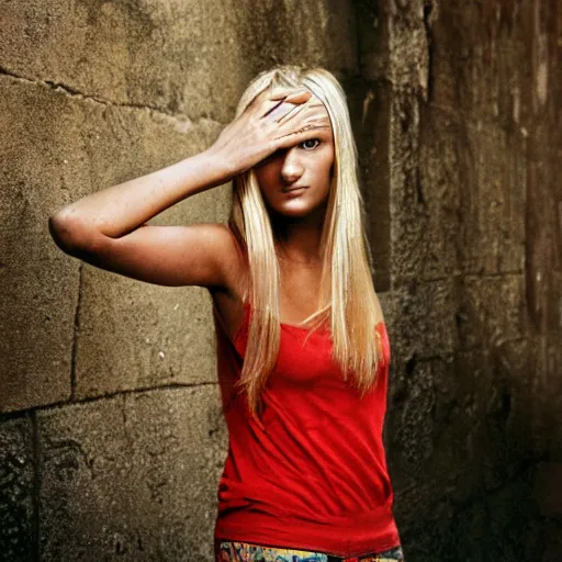 Image similar to photograph by steve mccurry of blonde female in her twenties wearing designer top