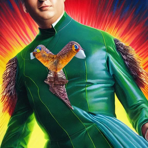 Prompt: action green suit Pigeon hero Sam Raimi and Jon Watts blockbuster movie poster, featuring Marvel Majestic Fat Pigeon in a extravagant full pigeon green body suit by Alex Ross, oil painting