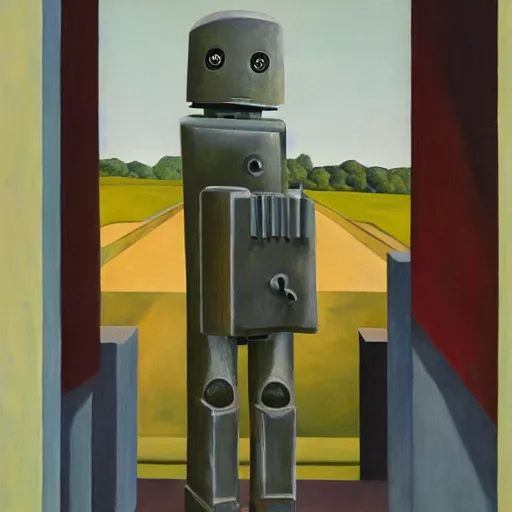 Prompt: robot bishop guards, human prisoners, brutalist supermax prison facility, end times, grant wood, pj crook, edward hopper, oil on canvas