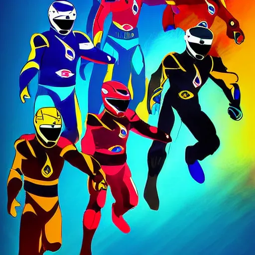 Image similar to the power rangers as motorcycle racers, digital art, colorful, messy art