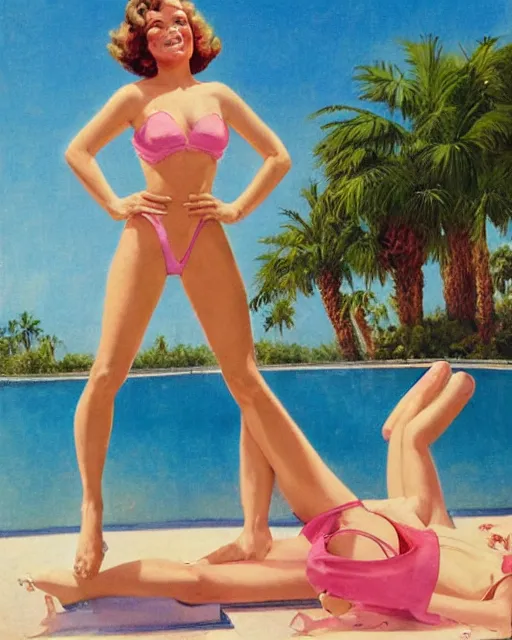 Image similar to tuesday weld in a pink bikini, tuesday weld swimming in a palm springs midcentury swimming pool by gil elvgren, by mort kunstler, by earl norem