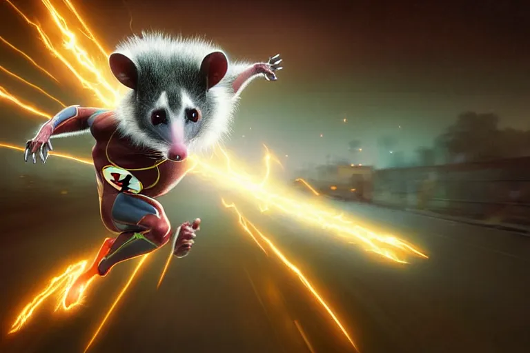 Image similar to a stunning digital painting of a opossum as the flash in spandex costume, running in the speedforce by greg rutkowski, volumetric light, digital art, fine detail, photorealistic