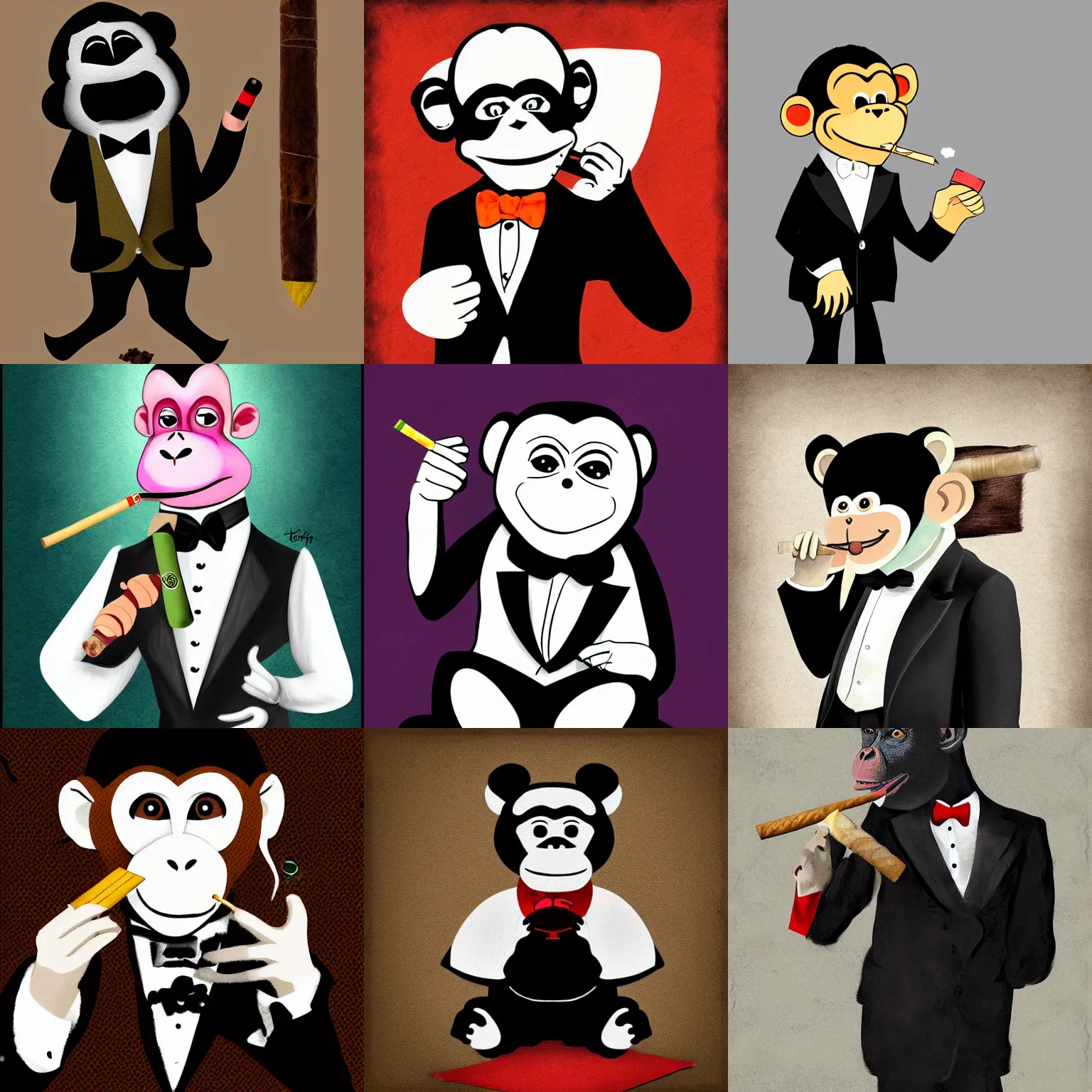 Prompt: Monkey in Tuxedo smoking cigar, digital art