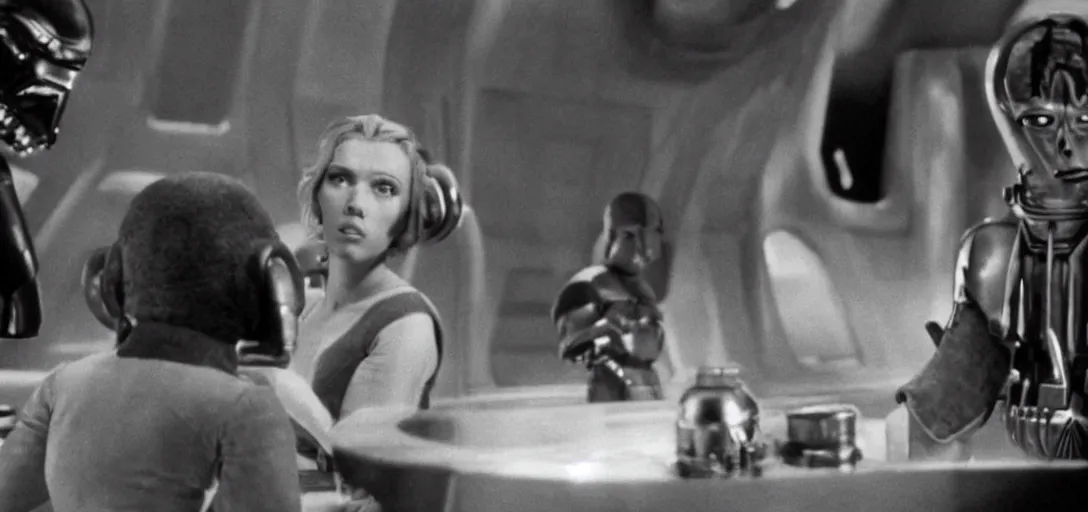 Prompt: a still of Scarlett Johansson in the cantina speaking to an alien in Star Wars (1977)