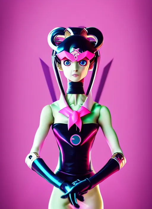 Image similar to symmetry!! portrait of a sailor moon, futuristic, dark, highly detailed, 8 0 - s style colors, sharp focus, octane render, vinyl design toy, realistic photo, studio green light on pink background