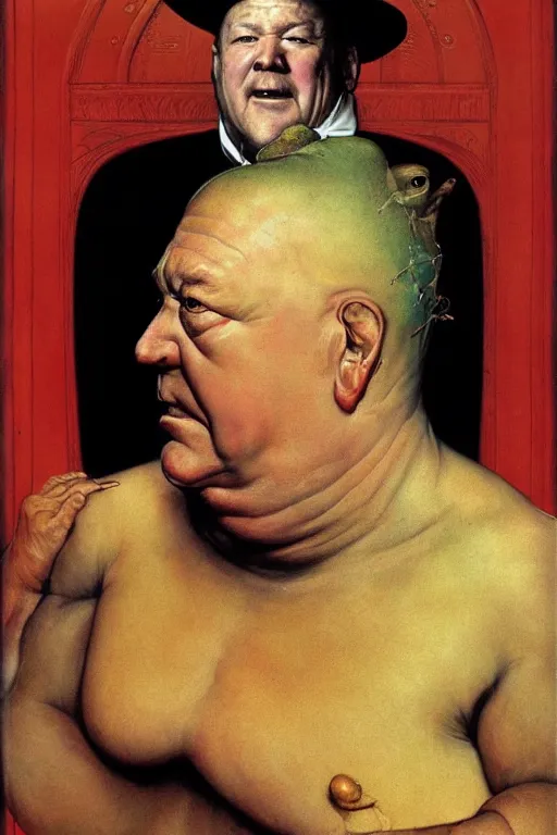 Image similar to upper body portrait of clean-shaven ray winstone as a toad hybrid high priest by norman rockwell and boris vallejo