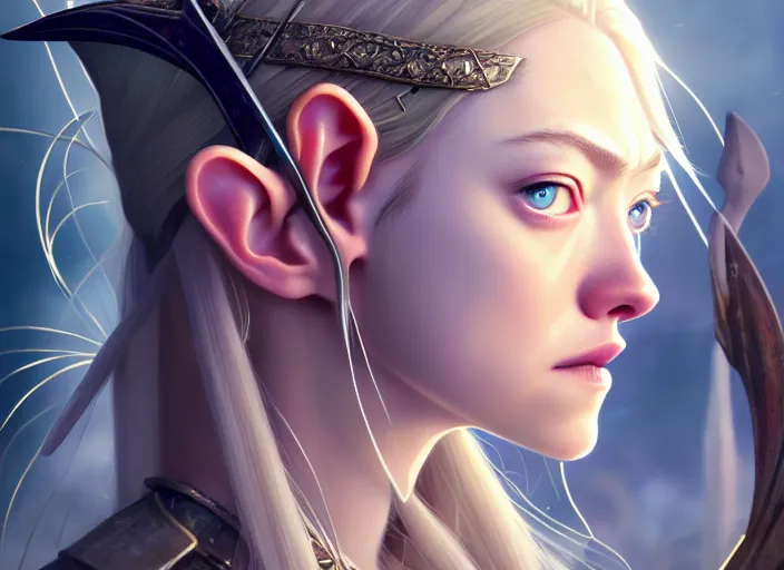 Image similar to a film still portrait of amanda seyfried elven archer, finely detailed features, closeup of face, cinematic lighting, perfect art, night cyberpunk city, intricate, anime, gapmoe grimdark, artstation, trending on pixiv fanbox, painted by greg rutkowski makoto shinkai takashi takeuchi studio ghibli, akihiko yoshida, 4 k