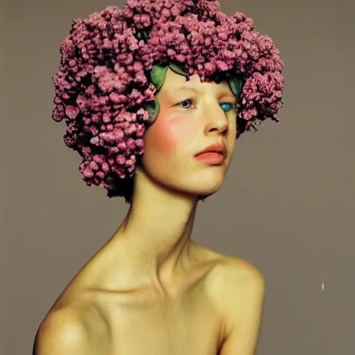 Image similar to a flower / human hybrid, fashion medium format color photo