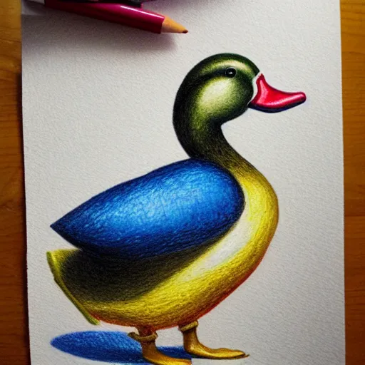 Image similar to Colored pencil art on paper, Circus Duck , highly detailed, artstation, MasterPiece, Award-Winning, Caran d'Ache Luminance