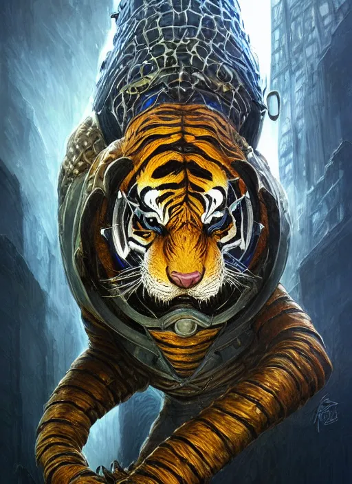 Prompt: cyber tiger downtown cn tower mf doom reptile eyes, blue skin. intricate, elegant, highly detailed, centered, digital painting, artstation, concept art, smooth, sharp focus, illustration, artgerm, tomasz alen kopera, peter mohrbacher, donato giancola, joseph christian leyendecker, wlop, frank frazetta