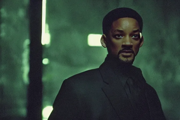 Prompt: will smith as a character from the matrix, cinematic, movie still, dramatic lighting, matrix code,!! by bill henson!!