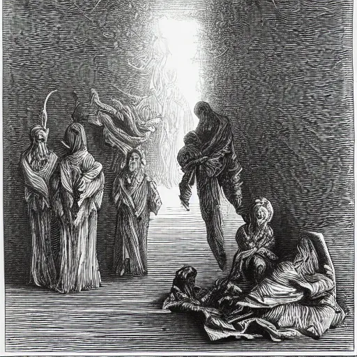 Prompt: Veggietales. Gustave Dore, Woodcut, Black and White.