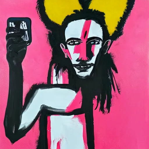 Image similar to A mirror selfie of a handsome muscular man with white angel wings and black devil horns, holding iPhone, pitchfork, pink background, abstract Basquiat oil painting with thick paint strokes