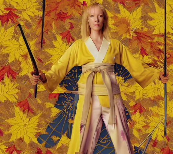 Prompt: breathtaking detailed pattern pastel colors, action scene from kill bill, with uma thurman ( kill bill ) in yellow kimono, swinging katana sword and autumn leaves, fuji, by hsiao - ron cheng, exquisite detail, enhanced eye detail