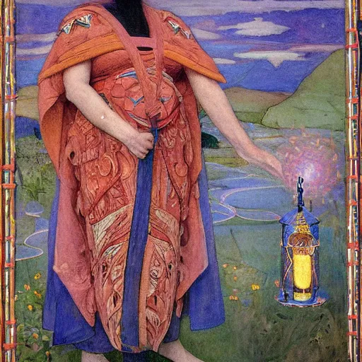 Image similar to queen of the dawn with her lantern and regalia, by Annie Swynnerton!! and Nicholas Roerich! and ((((((Diego Rivera)))))), embroidered robes, floral tattoos, bioluminescent skin!, elaborate costume, geometric ornament, symbolist, soft colors, dramatic lighting, smooth, sharp focus, extremely detailed