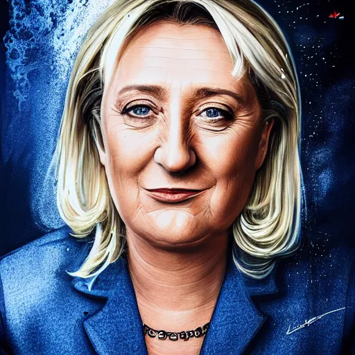 Prompt: Portrait Marine Le Pen, patriotic, amazing splashscreen artwork, splash art, head slightly tilted, natural light, elegant, intricate, fantasy, atmospheric lighting, cinematic, matte painting