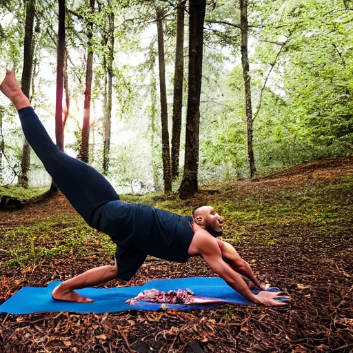 Image similar to lebron james doing yoga in the forest, ( eos 5 ds r, iso 1 0 0, f / 8, 1 / 1 2 5, 8 4 mm, postprocessed, crisp face, facial features )