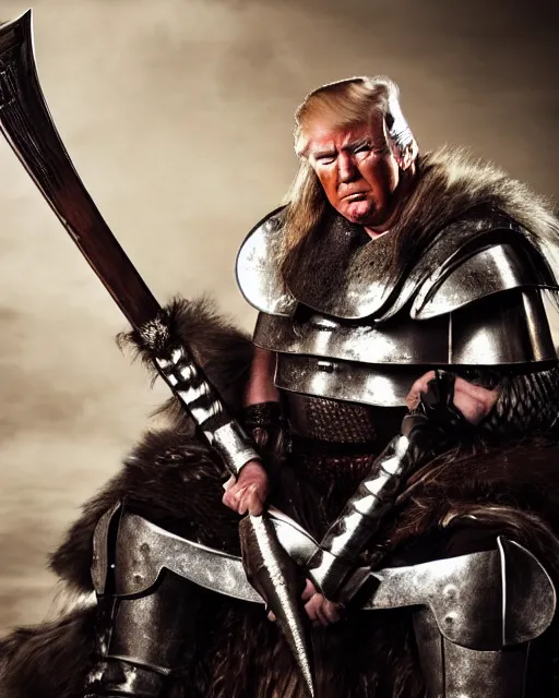 Image similar to donald trump as king conan, directed by john millius, photorealistic, sitting on a metal throne, wearing ancient cimmerian armor, a battle axe to his side, he has a beard and graying hair, cinematic photoshoot in the style of annie leibovitz, studio lighting